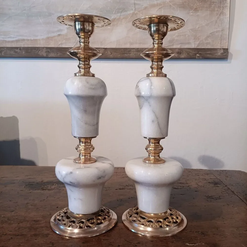 VTG 50-60's Marble and Brass Candle Holders Pair 2 MCM Hollywood Regency Italy